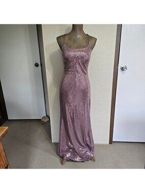 Betsy & Adam Size 2 Evening Gown Champagne Pink Sequin Full-Length Crisscross Ba